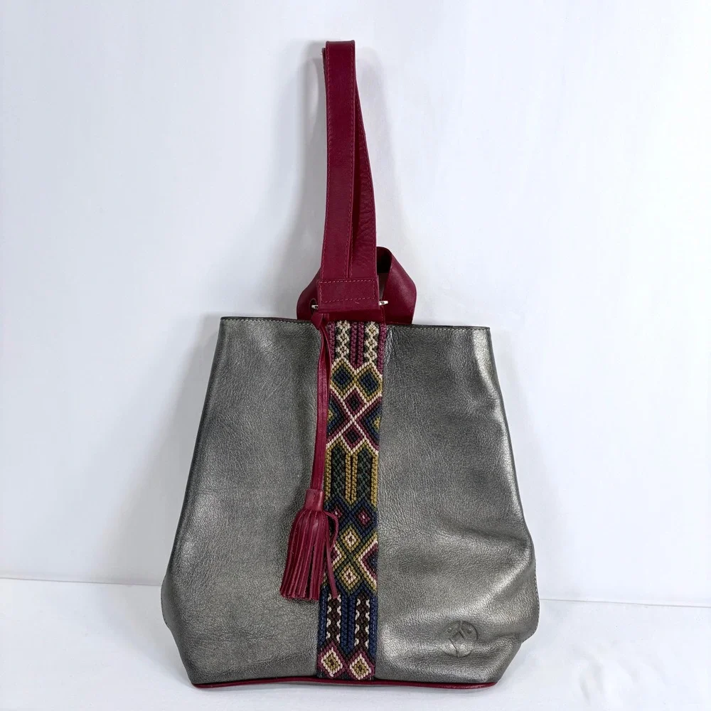 Cristina Orozco Metallic Pewter Leather Embroidered Backpack Burgundy Tassel